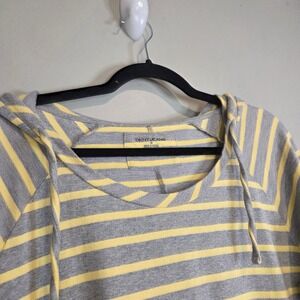 DKNY Jeans Hoodie Womens Medium Grey Yellow Striped Cotton Pullover Sweatshirt